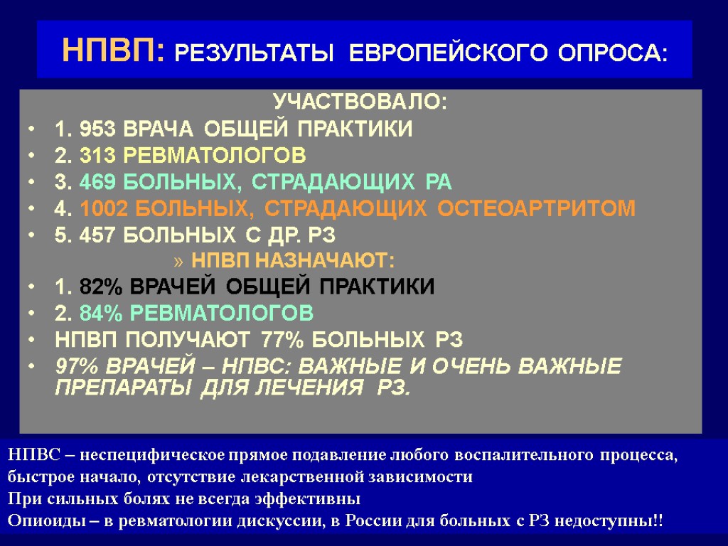 НПВП: РЕЗУЛЬТАТЫ ЕВРОПЕЙСКОГО ОПРОСА: УЧАСТВОВАЛО: 1. 953 ВРАЧА ОБЩЕЙ ПРАКТИКИ 2. 313 РЕВМАТОЛОГОВ 3.